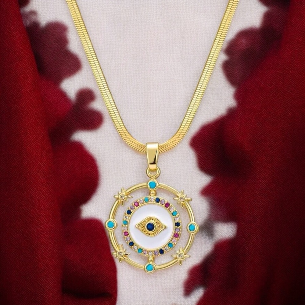 18k Gold- Plated Evil Eye Pendant Necklace with CZ Accents. New. - Picture 5 of 11